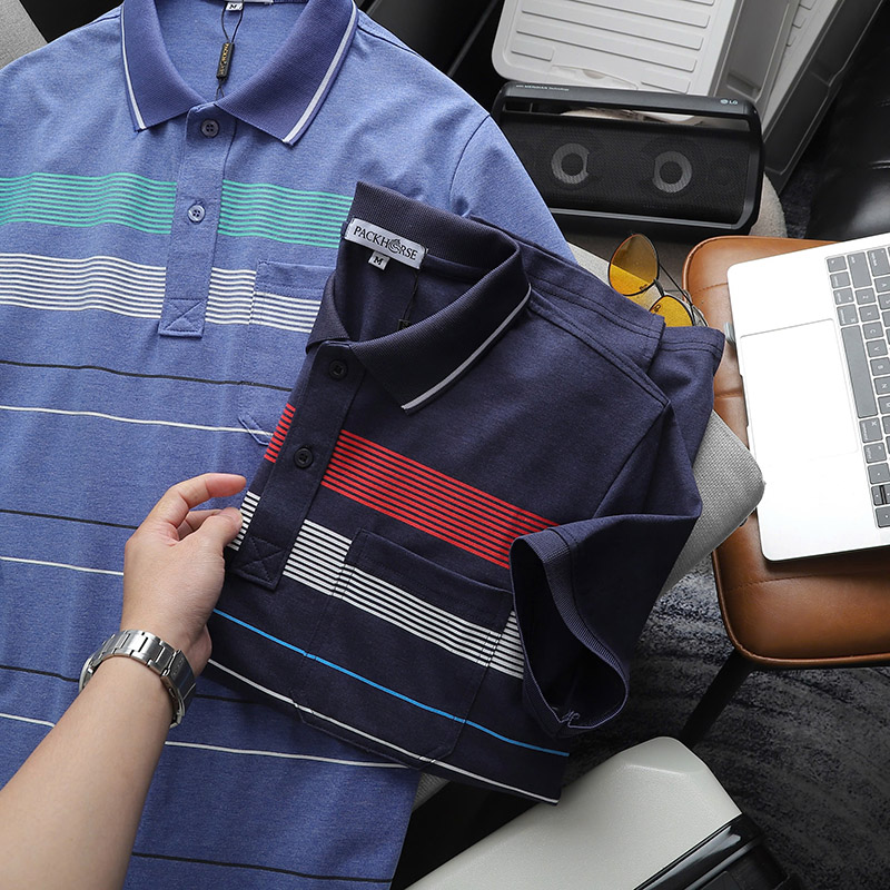 Áo Thun Nam Cổ Bẻ Có Túi Hoạ Tiết Sọc Ngang In Dẻo (Có size 3x)