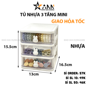 Tủ Nhựa 3 Tầng Mini Đựng Mỹ Phẩm Phụ Kiện Để Bàn Có Tay Cầm Thỏ 15.5x13x16.5cm - TN3TMN01