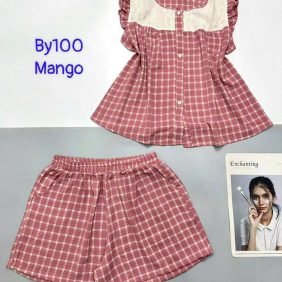 Đồ bộ mango quần đùi caro áo sát nách phối ren - DBO5007