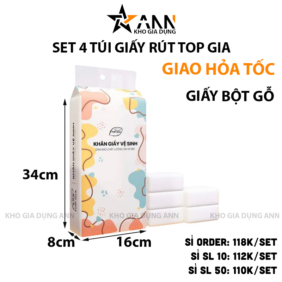 Set 4 Túi Khăn Giấy Rút Treo Tường 4 Lớp Top Gia 1 Túi 1280 Tờ Đa Năng 34x8x16cm - KGR01