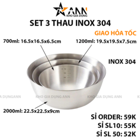 Set 3 Thau Inox 304 Trộn Salad Có Vạch Chia Dung Tích - S3TTSL01