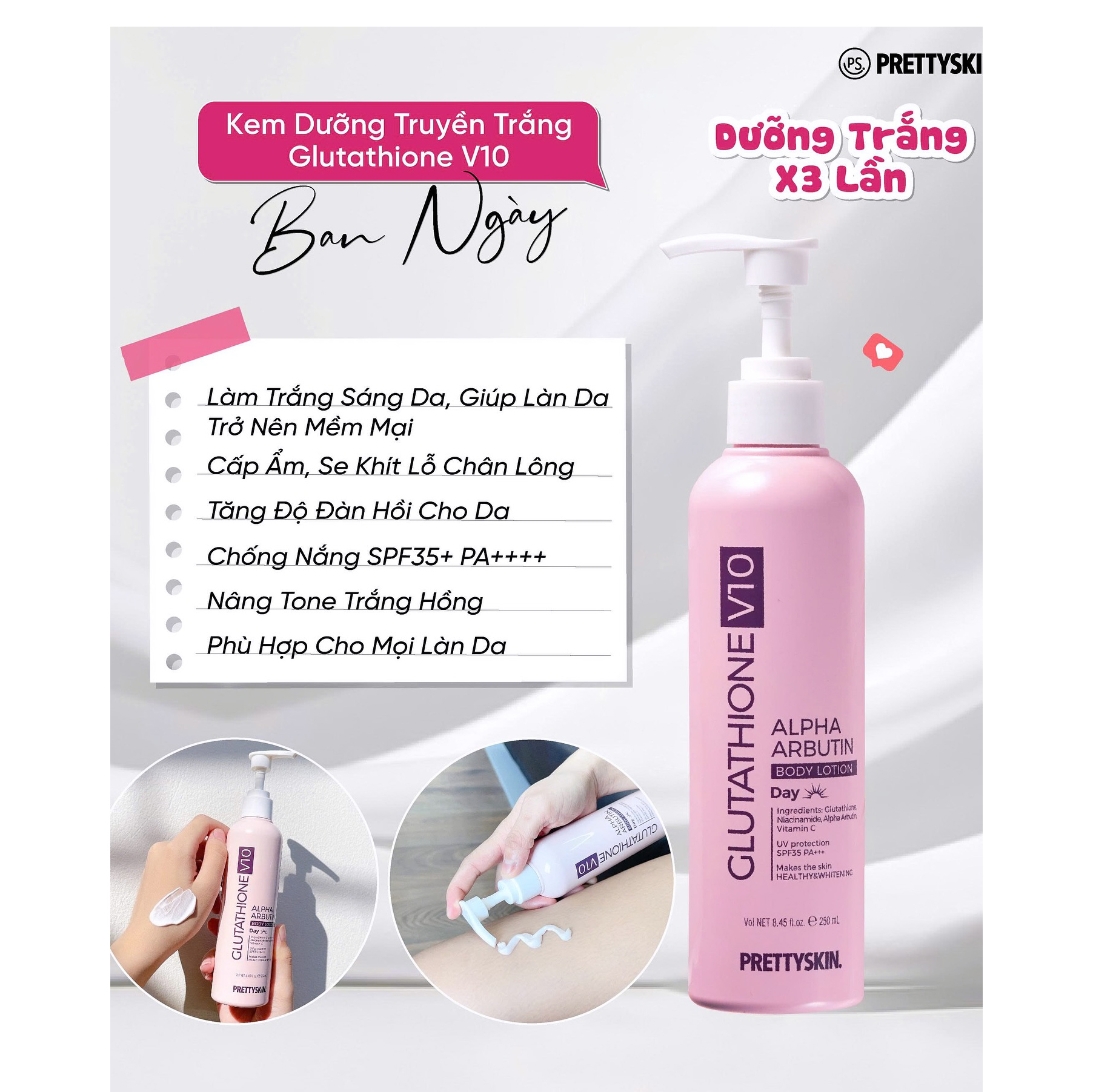 Mua sỉ kem Body Prettyskin Màu Hồng Ban Ngày Glutathione V10 Alpha Arbutin Body Lotion 250ml Mua sỉ kem Body Prettyskin Màu Hồng Ban Ngày Glutathione V10 Alpha Arbutin Body Lotion 250ml