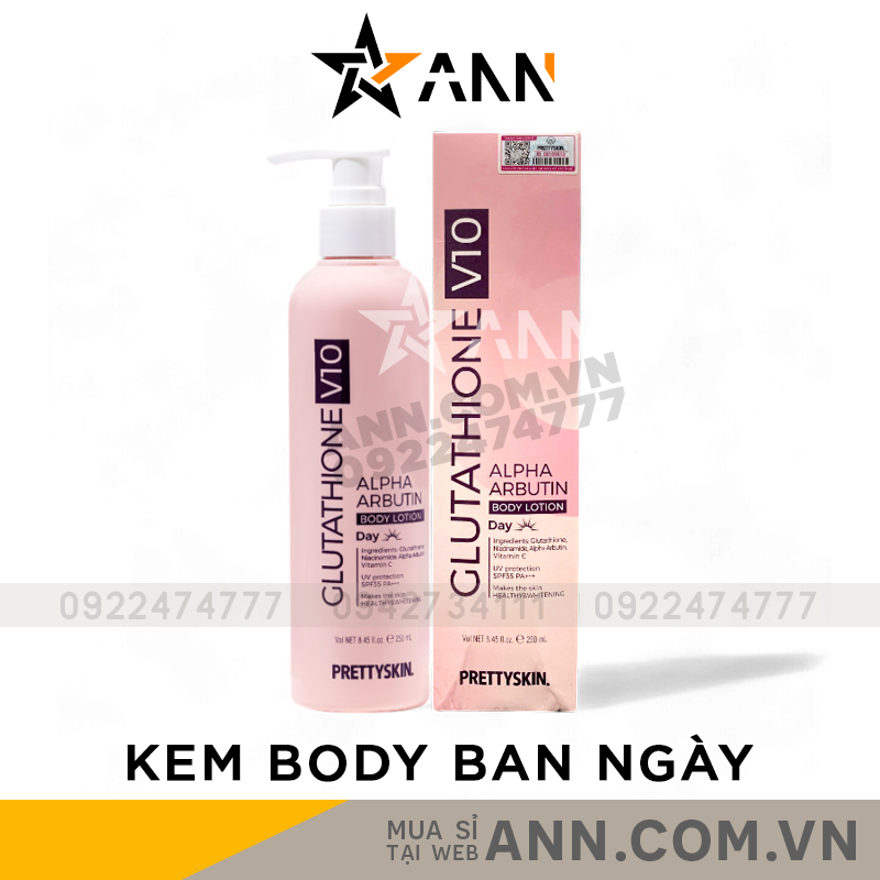 25284_bia_20240926093138-3.png Kem Body Prettyskin Màu Hồng Ban Ngày Glutathione V10 Alpha Arbutin Body Lotion 250ml - 8809733216373