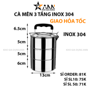 Cà Mên Inox 3 Tầng Tay Cầm Nhựa 22.5x13x13cm - CMIN3T