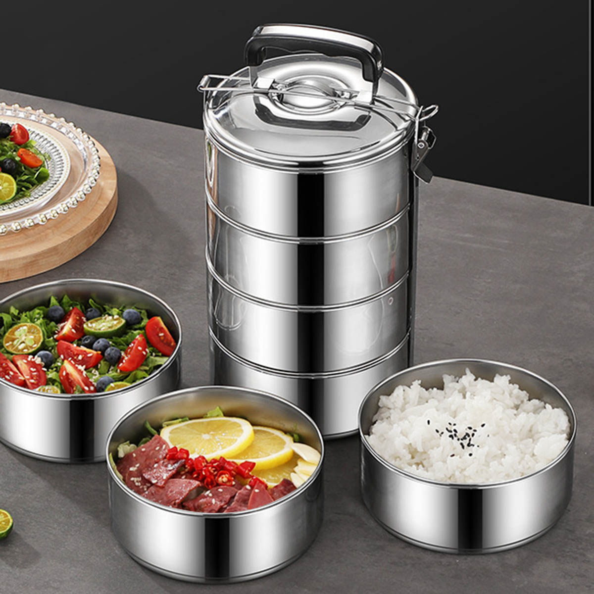 Shop sỉ cà Mên Inox 4 Tầng Tay Cầm Nhựa 27.5x13x13cm Shop sỉ cà Mên Inox 4 Tầng Tay Cầm Nhựa 27.5x13x13cm