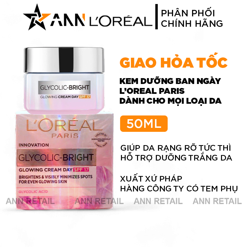 25391_bia-kd_20241008085753-10.png Kem Dưỡng Trắng Da Loreal Paris Ban Ngày Glycolic-Bright Glowing Cream Day SPF 17 50ml - 8994993016525