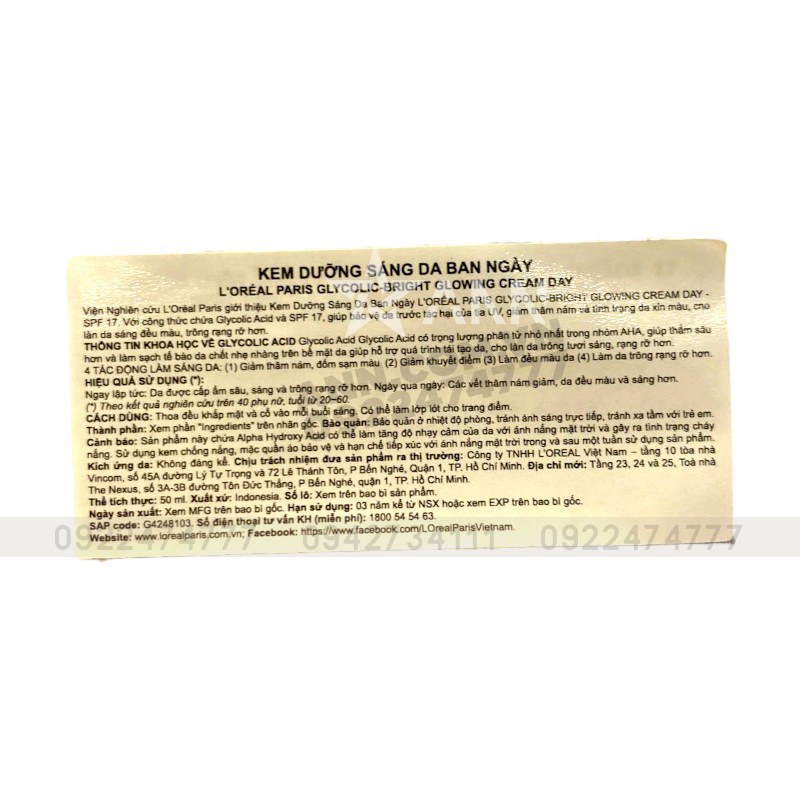 25391_srm-aa-trang-photoroom-1_20241007174932-9.jpg Kem Dưỡng Trắng Da Loreal Paris Ban Ngày Glycolic-Bright Glowing Cream Day SPF 17 50ml - 8994993016525