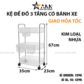 Kệ Để Đồ - Kệ 3 Tầng - Kệ Bếp - Kệ Nhựa Trong Suốt Có Bánh Xe 67x23x35cm - KDD3T