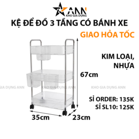 Kệ Để Đồ - Kệ 3 Tầng - Kệ Bếp - Kệ Nhựa Trong Suốt Có Bánh Xe 67x23x35cm - KDD3T