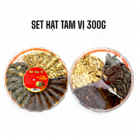 Set Hộp Mix Hạt 3 Vị (Hạt Dưa, Hạt Hướng Dương, Hạt Bí Trắng) Sun Khía 3 Ngăn 300G Hộp Tết - HTVHSK300