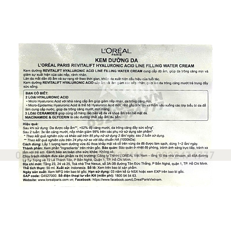 Mua sỉ kem Dưỡng Siêu Cấp Ẩm Loreal Paris Revitalift Hyaluronic Acid Line Filling Water 50ml Mua sỉ kem Dưỡng Siêu Cấp Ẩm Loreal Paris Revitalift Hyaluronic Acid Line Filling Water 50ml