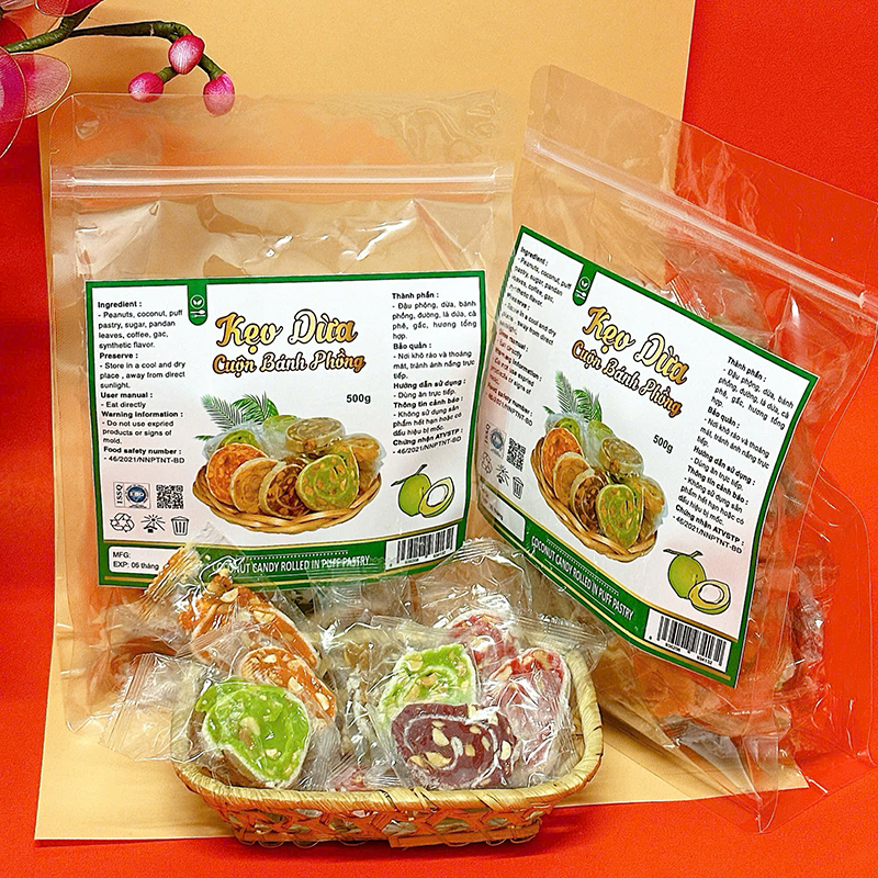 Kẹo Dừa Cuộn Bánh Phồng Thơm Ngon Túi Zip 500g Kẹo Dừa Cuộn Bánh Phồng Thơm Ngon Túi Zip 500g