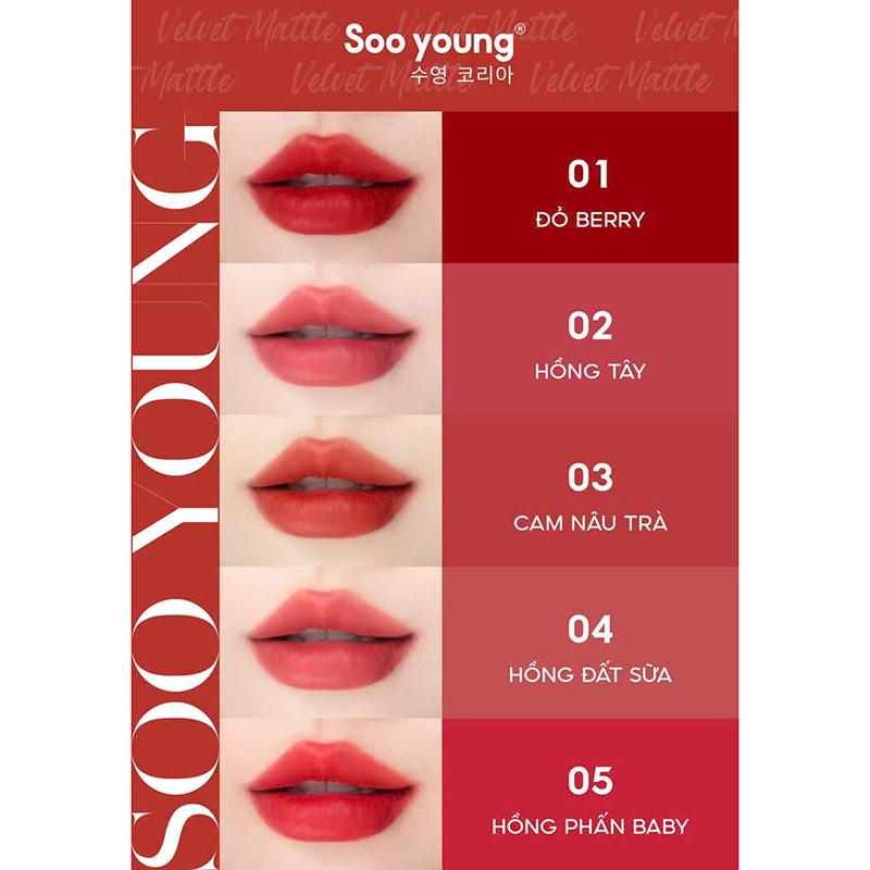 Nguồn sỉ son Kem Nhung Lì Soo Young Velvet Matte 4g - 5 Màu Quyến Rũ Thời Thượng Nguồn sỉ son Kem Nhung Lì Soo Young Velvet Matte 4g - 5 Màu Quyến Rũ Thời Thượng