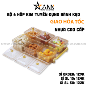 Bộ 6 Hộp Mứt - Khay Đựng Mứt Tết - Hũ Đựng Bánh Kẹo Hoa Quả Bằng Nhựa Kim Tuyến - KMBKKT6