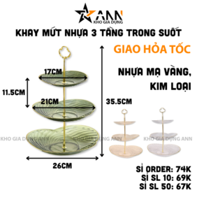 Khay Mứt Nhựa Mạ Vàng 3 Tầng Trong Suốt - Khay Đựng Mứt Tết Bánh Kẹo 35,5x26cm - KDM3TTS