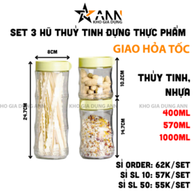 Set 3 Hũ Thủy Tinh Đựng Thực Phẩm - Lọ Thủy Tinh Cao Cấp 400 - 570ml - 1000ml - HTTDTP3