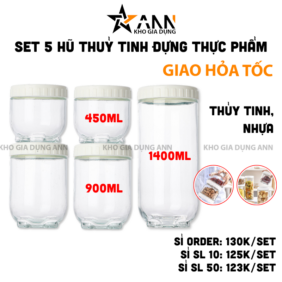 Set 5 Hũ Thủy Tinh Đựng Thực Phẩm - Lọ Thủy Tinh Đựng Đồ Khô 450 - 900 - 1400ml - 5LHTT