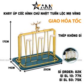 Khay Úp Cốc Hình Chữ Nhật Mạ Vàng - Khay Úp Ly Tuần Lộc 17x14x20cm - KULMVTL01