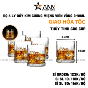 Bộ 6 Ly Đáy Kim Cương Trắng Trong Viền Vàng - Cốc Thủy Tinh Cao Cấp 340ml - LTTDKC01