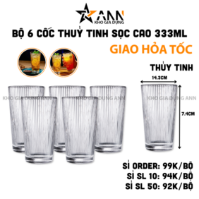 Bộ 6 Cốc Thủy Tinh Sọc Cao Sang Trong - Ly Thủy Tinh 333ml 14.3x7.4cm - LTTSC01