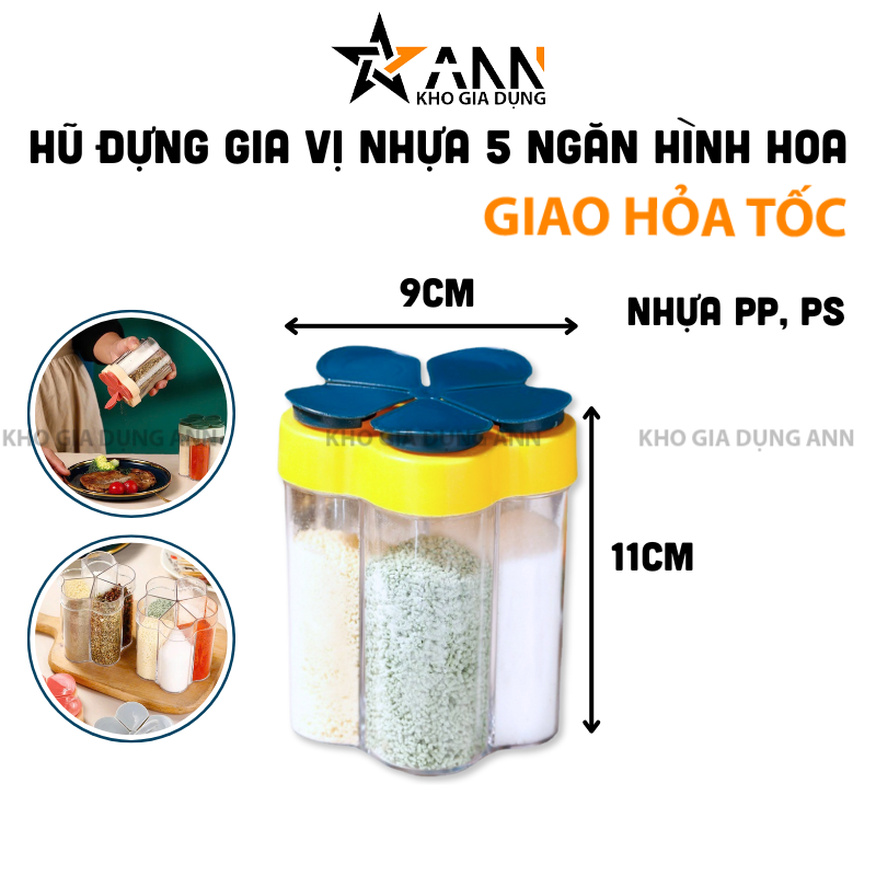 26067_395_20250320120755.png Hũ Đựng Gia Vị Nhựa Cao Cấp - Lọ Gia Vị 5 Ngăn Hình Hoa 9x11cm - DGV01