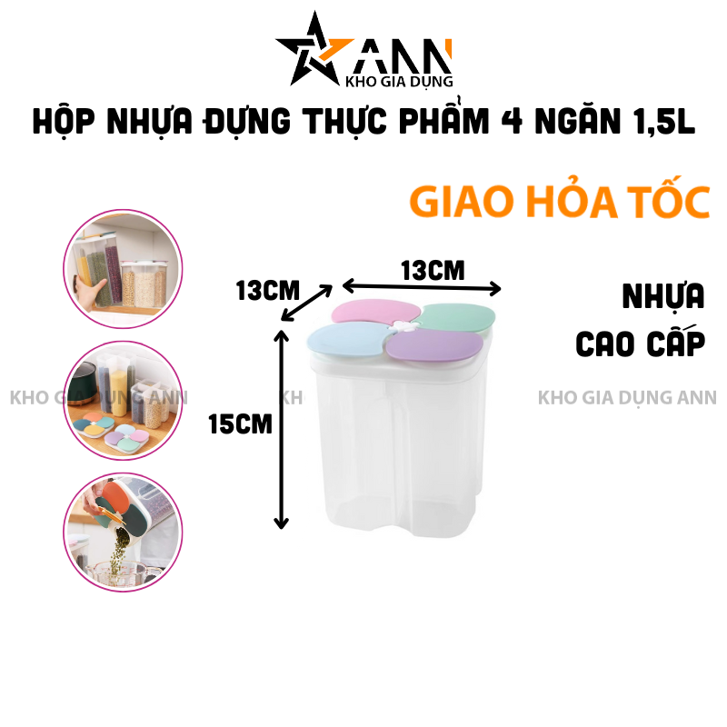 26070_397_20250320120824.png Hộp Nhựa Trong Suốt Đựng Thực Phẩm Khô - Hộp Nhựa Chống Thấm Nước 4 Ngăn 1,5L 13x13x15cm - HDTP01