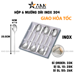 Hộp 6 Muỗng Dài Inox 304 - Thìa Inox Cao Cấp Bền Đẹp 20.5x4cm - MIN30402