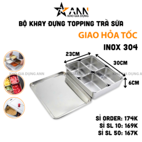 Bộ Khay Gia Vị - Khay Đựng Topping Trà Sữa Inox 304 4 Ngăn Có Nắp Đậy 30x23x6cm - KSTS01