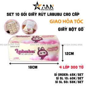 Set 10 Gói Túi Khăn Giấy Rút 4 Lớp 300 Tờ Cao Cấp - Khăn Giấy Rút Labubu Đa Năng 12x18cm - KGR02