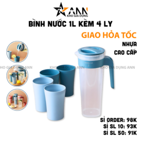 Bình Nước 1L Kèm 4 Ly Tiện Lợi - Bình Nước Bằng Nhựa Cao Cấp - BNK4L01