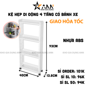 Kệ Hẹp Để Đồ 4 Tầng - Kệ Bếp - Kệ Nhựa Có Bánh Xe 93x40x13,8cm - KDD4T02