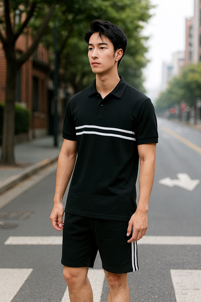 Giá sỉ set Bộ Nam Áo Thun Cổ Bẻ Phối Sọc Trước Ngực + Quần Short Thun (Big Size)