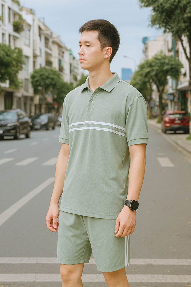 Giá sỉ set Bộ Nam Áo Thun Cổ Bẻ Phối Sọc Trước Ngực + Quần Short Thun (Big Size)