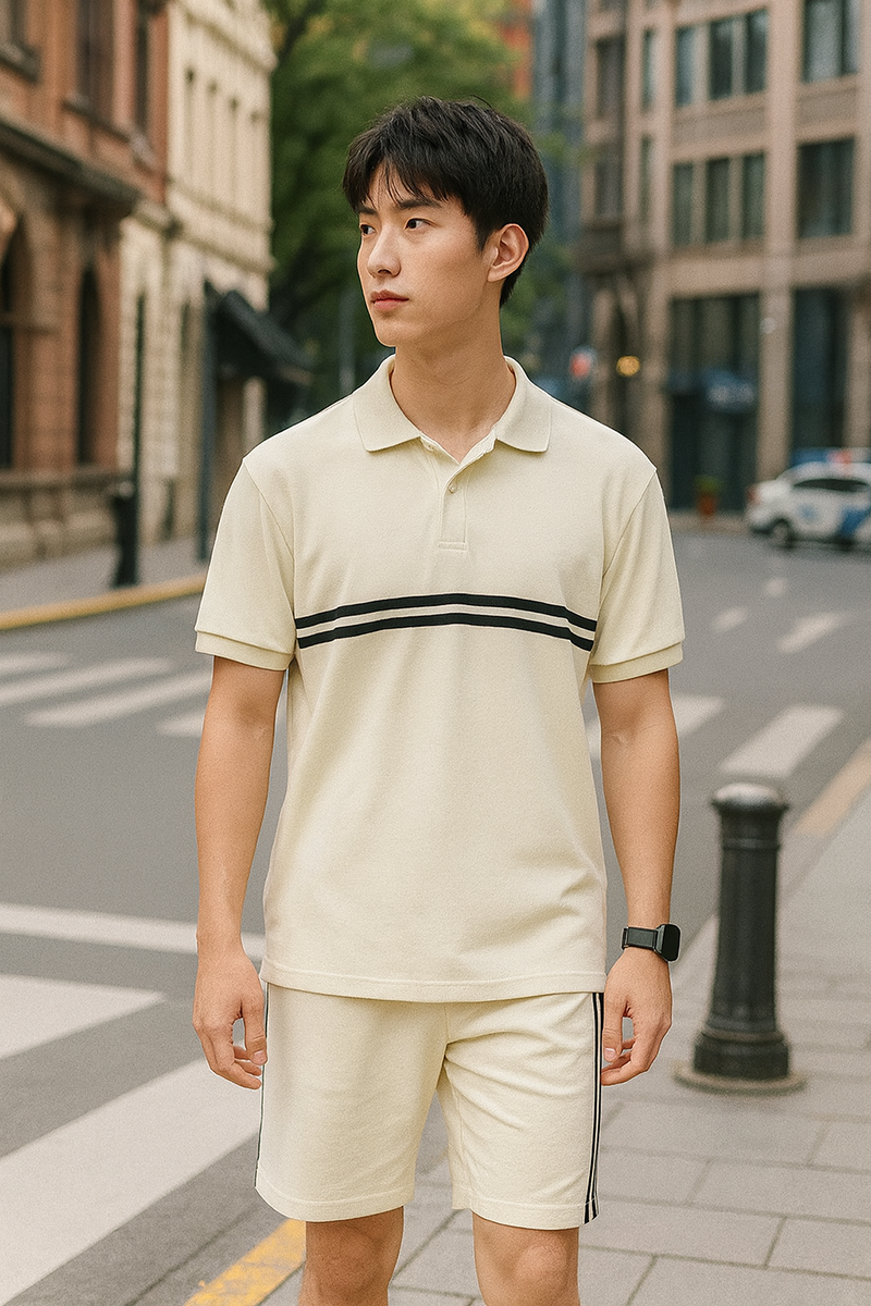 Giá sỉ set Bộ Nam Áo Thun Cổ Bẻ Phối Sọc Trước Ngực + Quần Short Thun (Big Size)