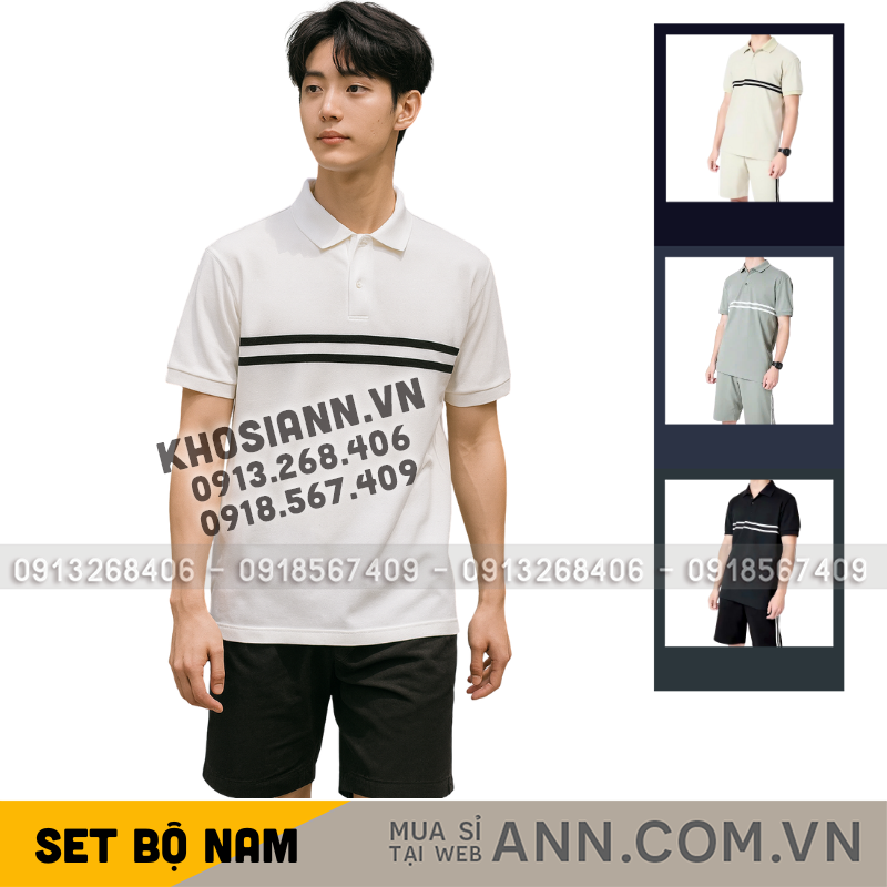 Giá sỉ set Bộ Nam Áo Thun Cổ Bẻ Phối Sọc Trước Ngực + Quần Short Thun (Big Size)