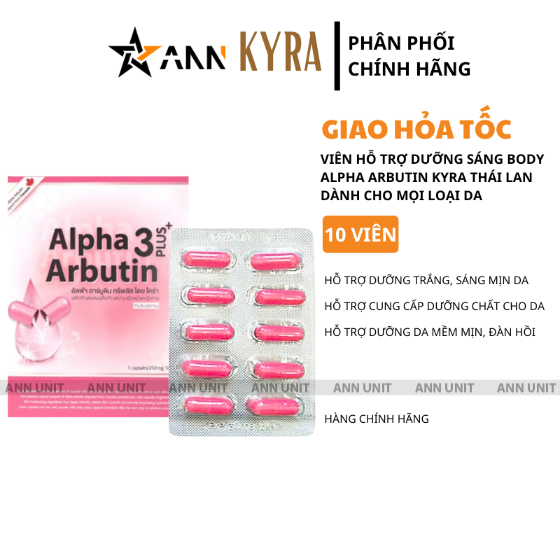 26445_16_20250621104424-1.png Viên Bột Kích Trắng Body Kyra Alpha Arbutin 3 Plus+ Thái Lan Phiên Bản Mới - Hộp 10 Viên - VBKTKRPBM