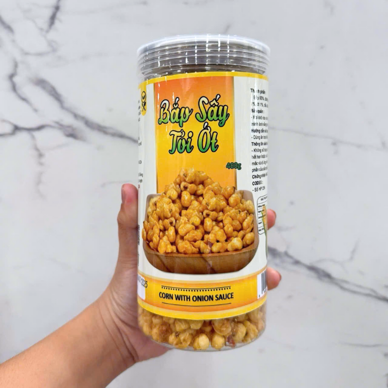 Bắp Sấy Tỏi Ớt Hộp 400g Thơm Ngon Bắp Sấy Tỏi Ớt Hộp 400g Thơm Ngon
