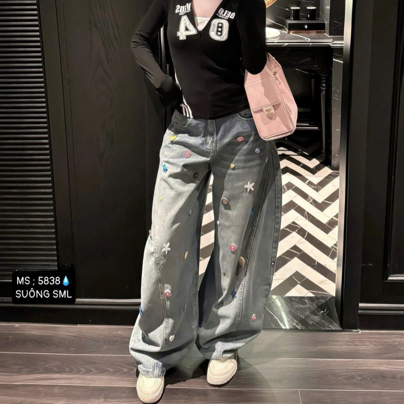 Kho sỉ quần Thụng Jeans Nữ Thêu Ngôi Sao Vải Dày Mềm Không Co Giãn Kho sỉ quần Thụng Jeans Nữ Thêu Ngôi Sao Vải Dày Mềm Không Co Giãn