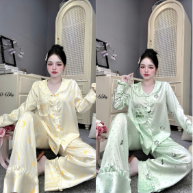 Đồ Bộ Pijama Nữ - Đồ Bộ Tay Dài Quần Dài Viền Bèo Họa Tiết Nhí Size 40-60kg - DBO5209
