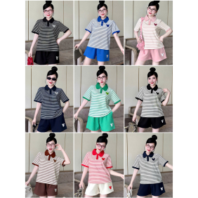 Đồ Bộ Nữ Áo Cổ Trụ Tay Ngắn Quần Đùi Họa Tiết Sọc Thêu Logo Mickey Mặc Mịn Mát Thoải Mái Size 45-62kg - DBOR0001