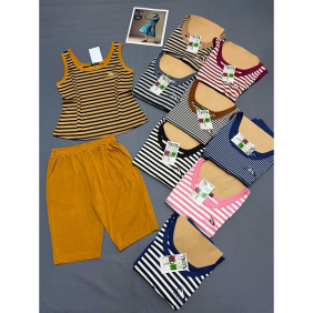 Đồ Bộ Nữ Áo Thun 3 Lỗ Quần Lửng Trơn Vải Sọc Tăm Nhí Thoáng Mát Size 45-62kg - DBOR0009