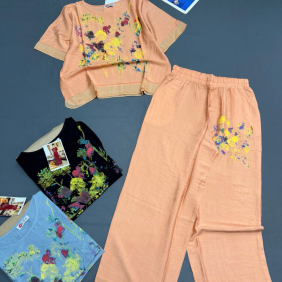 Đồ bộ nữ tay ngắn quần ống rộng in hoa - DBOR0071