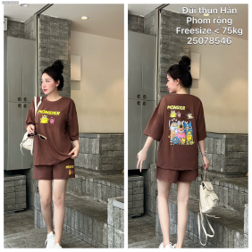 Đồ bộ nữ áo tay ngắn quần Đùi thun hàn co giãn phom rộng <75kg - DBOR0183