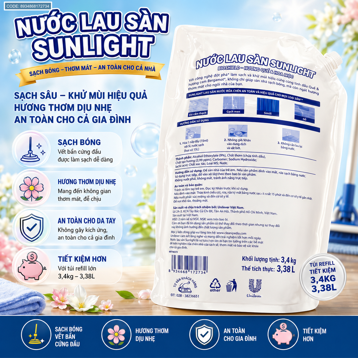 Nước Lau Sàn Túi SUNLIGHT Hương Quế & Cam Bergamot 3,4kg Nước Lau Sàn Túi SUNLIGHT Hương Quế & Cam Bergamot 3,4kg