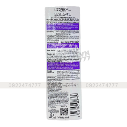Nước Tẩy Trang Làm Sạch Cấp Ẩm L'oreal Revitalift Hyaluronic Acid Hydrating Micellar Water