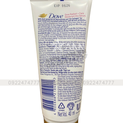 Serum Dưỡng Sáng Ngăn Mùi Cao Cấp Dove Dành Cho Nữ Với 3% Niacinamide Và 10x Collagen Giúp Da Sáng Mịn Đều Màu 40ml