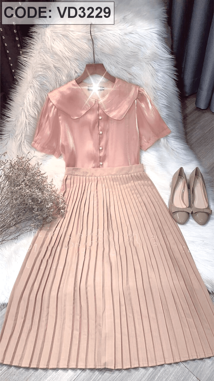 Sét áo voan hoa và chân váy midi xếp ly hồng S1443 - DVC (ảnh thật shop tự  chụp) MH - Bộ | ThờiTrangNữ.vn