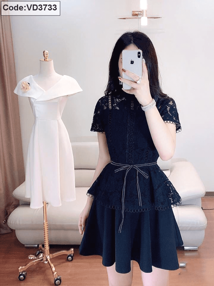 Váy đầm đen cổ ren trắng dáng dài tay ngắn basic nhẹ nhàng phong cách Hàn  Quốc - Tìm Voucher