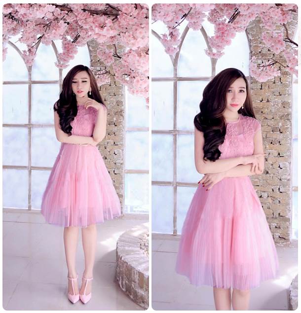 Một chiếc váy dự tiệc cưới đẹp với tone màu hồng phấn, xòe đáng yêu
