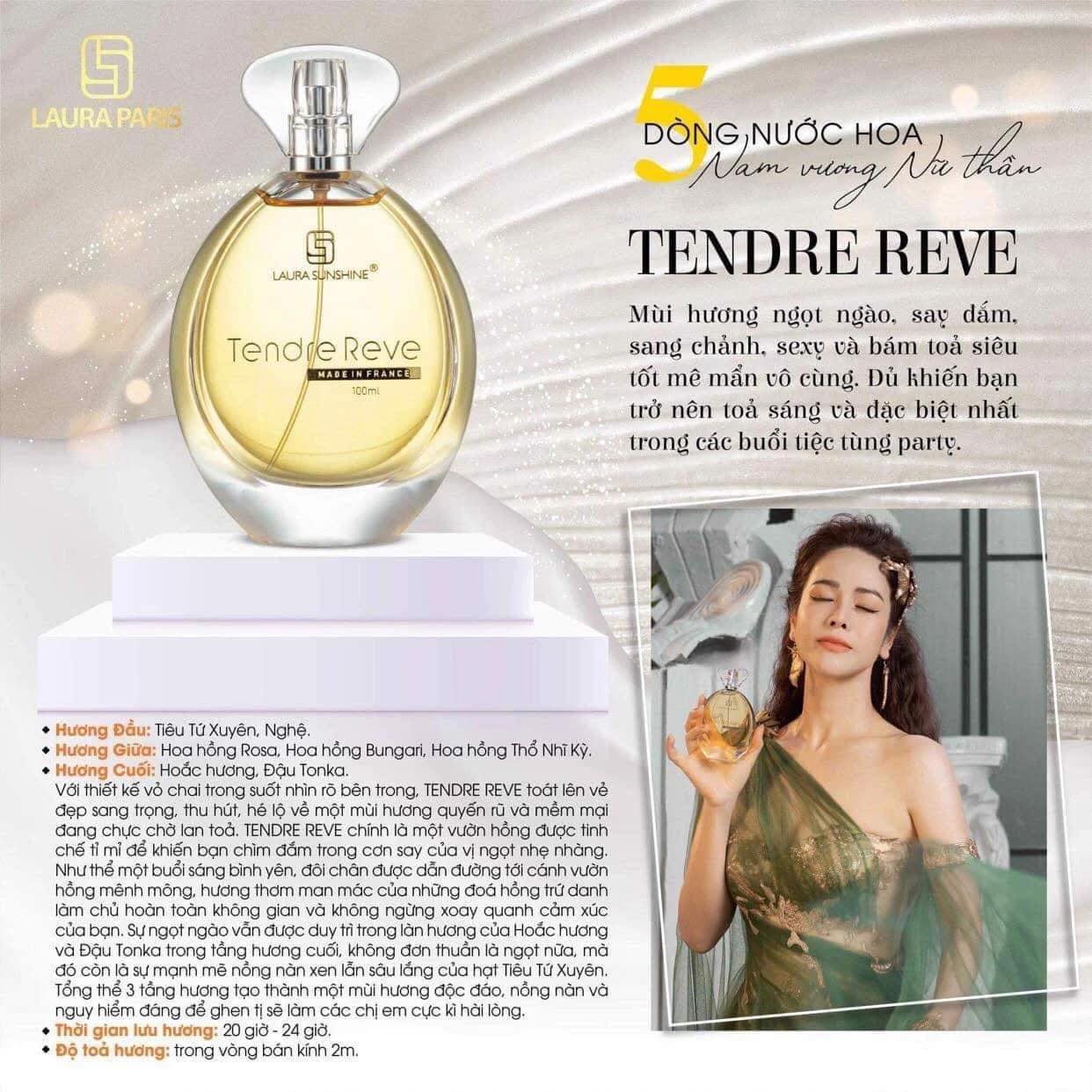 Nước hoa Laura Sunshine Paris Tendre Reve là sự ngọt ngào vẫn được duy trì trong làn hương của hoắc hương  và đậu Tonka